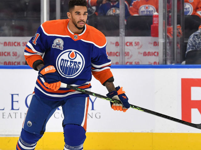 EDMONTON, CANADA - NOVEMBER 03: Evander Kane #91 of the Edmonton Oilers skates during warm ups before the game against the New Jersey Devils on November 03, 2022 at Rogers Place in Edmonton, Alberta, Canada.