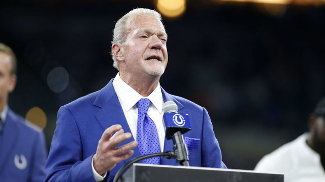INDIANAPOLIS, INDIANA - NOVEMBER 10: Indianapolis Colts owner Jim Irsay talks to the fans during the Dwight Freeney induction to the Indianapolis Colts Ring of Honor at Lucas Oil Stadium on November 10, 2019 in Indianapolis, Indiana.