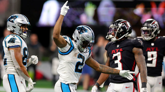 ATLANTA, GEORGIA - OCTOBER 30: DJ Moore #2 of the Carolina Panthers reacts after a reception against the Atlanta Falcons during the fourth quarter at Mercedes-Benz Stadium on October 30, 2022 in Atlanta, Georgia.