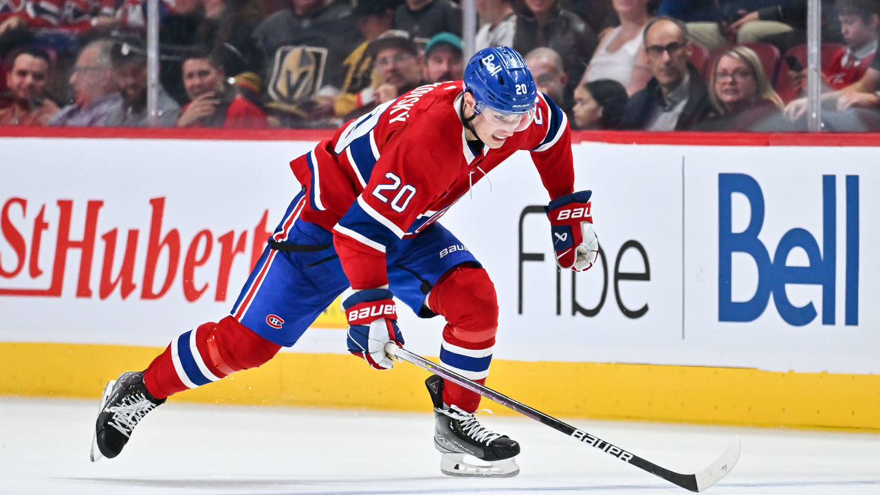 MONTREAL, CANADA - NOVEMBER 05: Juraj Slafkovsky #20 of the Montreal Canadiens skates against the Vegas Golden Knights during the third period at Centre Bell on November 5, 2022 in Montreal, Quebec, Canada. The Vegas Golden Knights defeated the Montreal Canadiens 6-4.