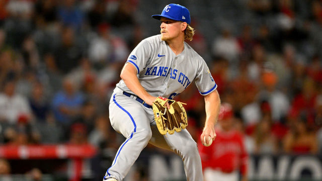 ANAHEIM, CA - JUNE 21: Gabe Speier #67 of the Kansas City Royals pitches in the game against the Los Angeles Angels at Angel Stadium of Anaheim on June 21, 2022 in Anaheim, California.