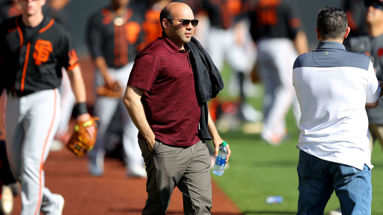 SCOTTSDALE, AZ - FEBRUARY 18: General Manager Farhan Zaidi of the San Francisco Giants looks on during a workout on Tuesday, February 18, 2020 at Scottsdale Stadium in Scottsdale, Arizona.