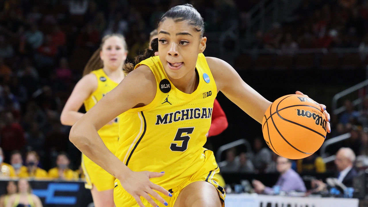 WICHITA, KANSAS - MARCH 26: Laila Phelia #5 of the Michigan Wolverines against the South Dakota Coyotes in the Sweet 16 round of the NCAA Women's Basketball Tournament at Intrust Bank Arena on March 26, 2022 in Wichita, Kansas.