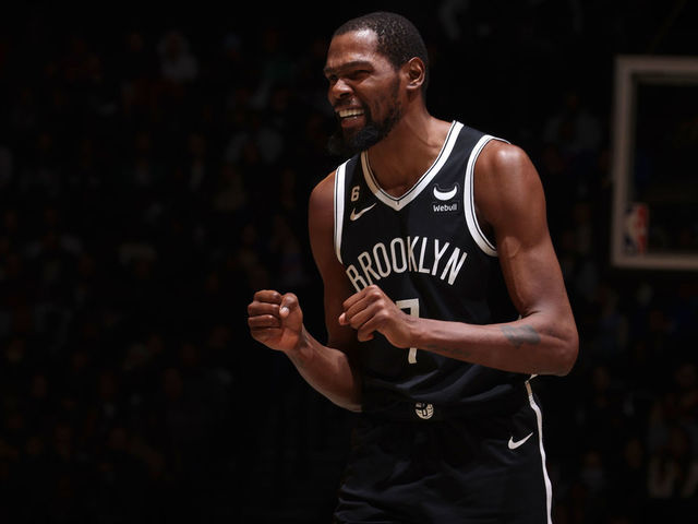 BROOKLYN, NY - NOVEMBER 9: Kevin Durant #7 of the Brooklyn Nets reacts to a play during the game against the New York Knicks on November 9, 2022 at Barclays Center in Brooklyn, New York. Mandatory Copyright Notice: Copyright 2022 NBAE