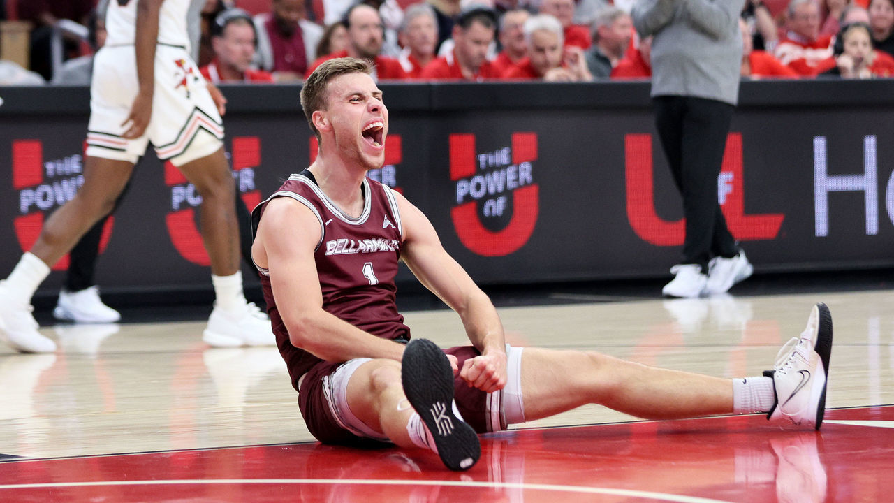 LOUISVILLE, KENTUCKY - NOVEMBER 09: Juston Betz #1of the Bellarmine Knights celebrates in the 67-66 win against the Louisville Cardinals at KFC YUM! Center on November 09, 2022 in Louisville, Kentucky.