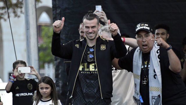 LOS ANGELES, CA - NOVEMBER 06: Gareth Bale #11 of Los Angeles FC celebrates during the MLS Cup victory parade and celebration next to Banc of California Stadium on November 6, 2022 in Los Angeles, California.