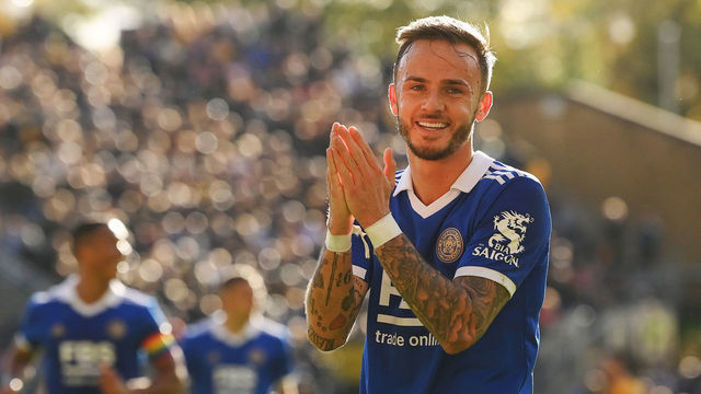 WOLVERHAMPTON, ENGLAND - OCTOBER 23: James Maddison of Leicester City celebrates after scoring their team's third goal during the Premier League match between Wolverhampton Wanderers and Leicester City at Molineux on October 23, 2022 in Wolverhampton, England.