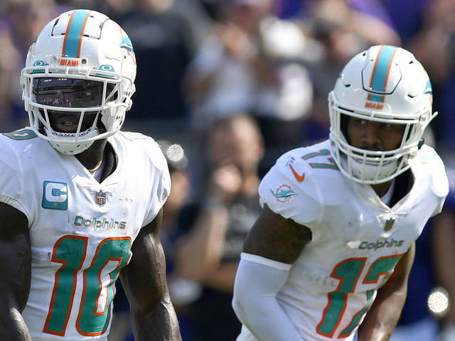 BALTIMORE, MD - SEPTEMBER 18: Miami Dolphins wide receivers Tyreek Hill (10) and Jaylen Waddle (17) line up next to each other on the line of scrimmage during the Miami Dolphins versus Baltimore Ravens NFL game at M&T Bank Stadium on September 18, 2022 in Baltimore, MD