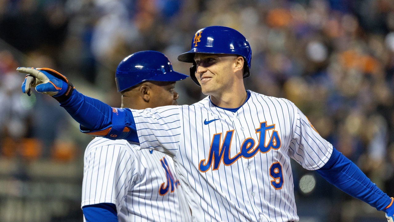 Flushing, N.Y.: New York Mets Brandon Nimmo pointing to the dugout after hitting an RBI single to put the Mets up one run in the bottom of the 4th inning against the San Diego Padres in the best-of-three National League wild-card series at Citi Field in Flushing, New York on October 8, 2022.