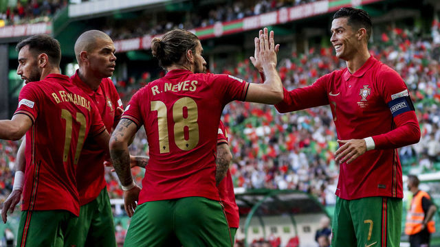 LISBON, PORTUGAL - JUNE 5: Cristiano Ronaldo of Portugal celebrates goal 2-0 with Bruno Fernandes of Portugal, Pepe of Portugal, Ruben Neves of Portugal during the UEFA Nations league match between Portugal v Switzerland at the Estadio Jose Alvalade on June 5, 2022 in Lisbon Portugal
