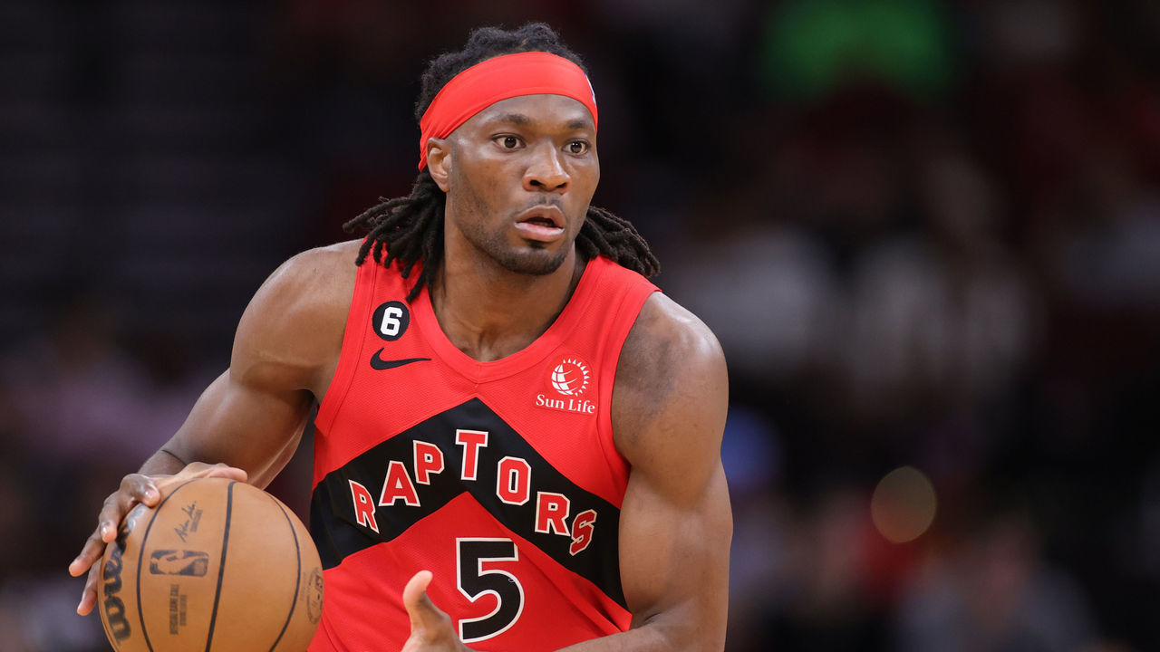 HOUSTON, TEXAS - OCTOBER 07: Precious Achiuwa #5 of the Toronto Raptors controls the ball against the Houston Rockets during the second half at Toyota Center on October 07, 2022 in Houston, Texas.