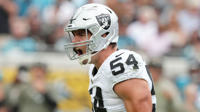 JACKSONVILLE, FLORIDA - NOVEMBER 06: Blake Martinez #54 of the Las Vegas Raiders celebrates after making a tackle in the second quarter of the game against the Jacksonville Jaguarsat TIAA Bank Field on November 06, 2022 in Jacksonville, Florida.