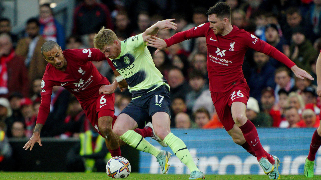 Manchester City's Kevin De Bruyne battles with Liverpool's Thiago Alcantara and Andrew Robertson during the Premier League match at Anfield, Liverpool. Picture date: Sunday October 16, 2022.