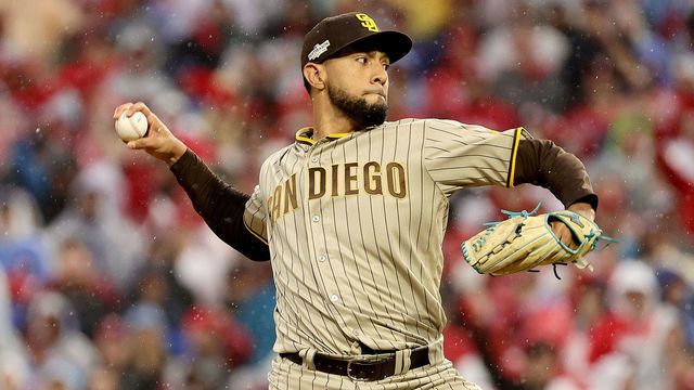 PHILADELPHIA, PENNSYLVANIA - OCTOBER 23: Robert Suarez #75 of the San Diego Padres throws a pitch during the seventh inning against the Philadelphia Phillies in game five of the National League Championship Series at Citizens Bank Park on October 23, 2022 in Philadelphia, Pennsylvania.