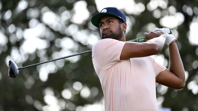 HOUSTON, TEXAS - NOVEMBER 10: Tony Finau of the United States plays his shot from the 18th tee during the first round of the Cadence Bank Houston Open at Memorial Park Golf Course on November 10, 2022 in Houston, Texas.