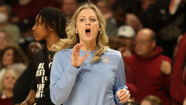 COLUMBIA, SC - FEBRUARY 20: Tennessee head coach Kellie Harper during a women's college basketball game between the South Carolina Gamecocks and the Tennessee Lady Volunteers on February 20, 2022 at the Colonial Life Arena in Columbia, S.C.