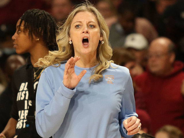 COLUMBIA, SC - FEBRUARY 20: Tennessee head coach Kellie Harper during a women's college basketball game between the South Carolina Gamecocks and the Tennessee Lady Volunteers on February 20, 2022 at the Colonial Life Arena in Columbia, S.C.