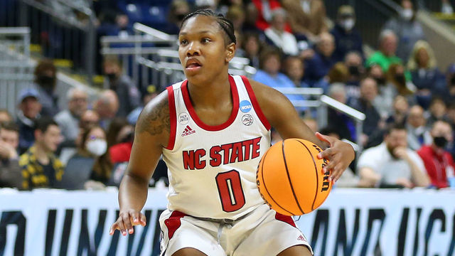 BRIDGEPORT, CT - MARCH 26: NC State Wolfpack guard Diamond Johnson (0) and Notre Dame Fighting Irish guard Abby Prohaska (12) in action during the sweet sixteen of the Women's Div I NCAA Basketball Championship between NC State Wolfpack and Notre Dame Fighting Irish on March 26, 2022, at Total Mortgage Arena in Bridgeport, CT.