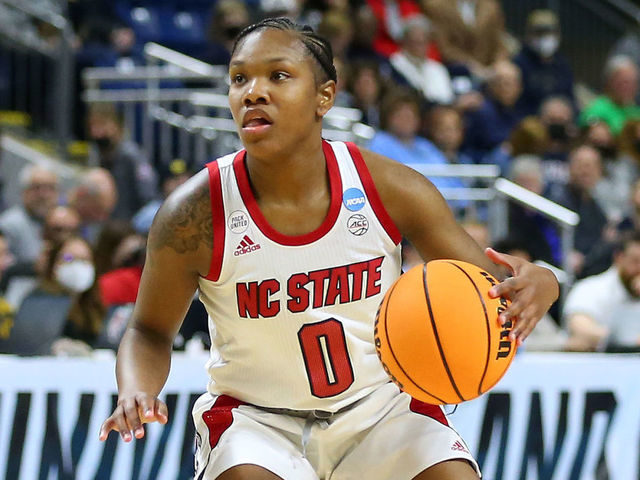 BRIDGEPORT, CT - MARCH 26: NC State Wolfpack guard Diamond Johnson (0) and Notre Dame Fighting Irish guard Abby Prohaska (12) in action during the sweet sixteen of the Women's Div I NCAA Basketball Championship between NC State Wolfpack and Notre Dame Fighting Irish on March 26, 2022, at Total Mortgage Arena in Bridgeport, CT.