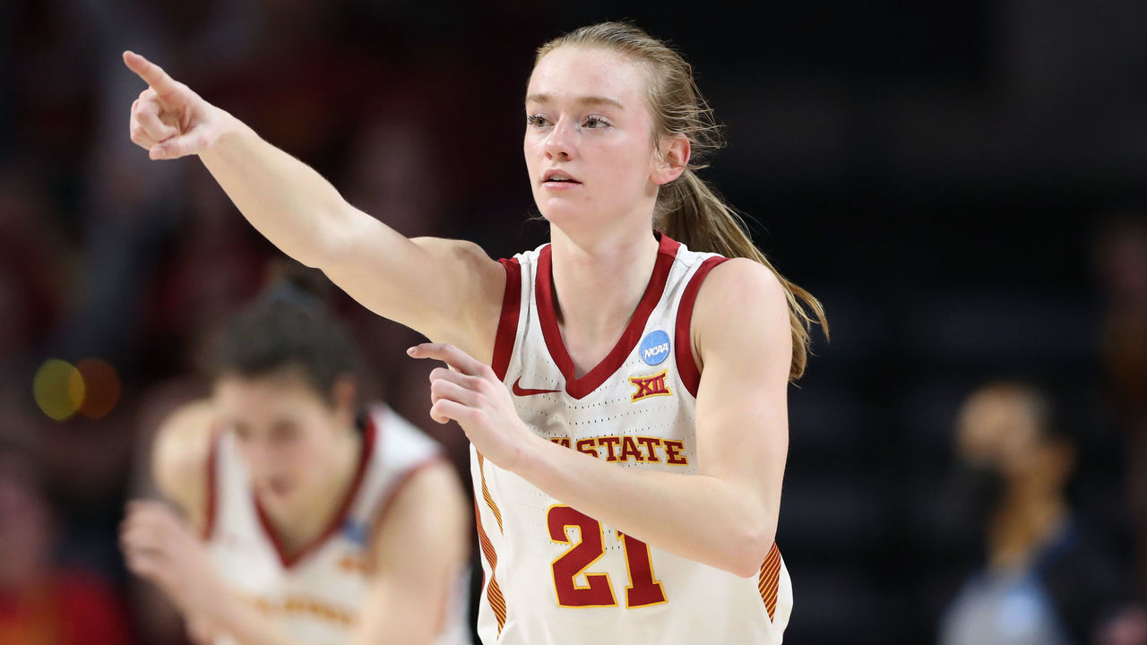 AMES, IA - MARCH 20: Lexi Donarski #21 of the Iowa State Cyclones celebrates a three point basket against the Georgia Bulldogs during the second round of the 2022 NCAA Women's Basketball Tournament held at the James H. Hilton Coliseum on March 20, 2022 in Ames, Iowa.