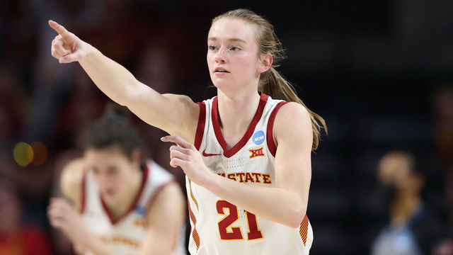 AMES, IA - MARCH 20: Lexi Donarski #21 of the Iowa State Cyclones celebrates a three point basket against the Georgia Bulldogs during the second round of the 2022 NCAA Women's Basketball Tournament held at the James H. Hilton Coliseum on March 20, 2022 in Ames, Iowa.