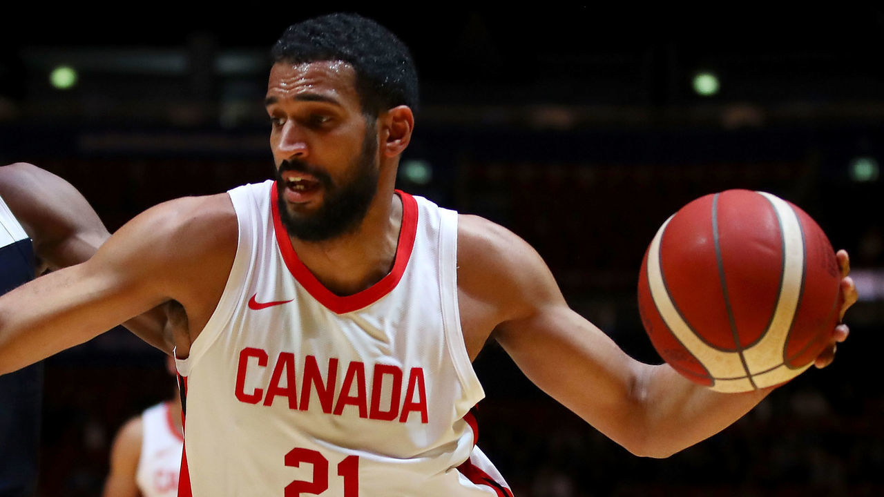 SYDNEY, AUSTRALIA - AUGUST 26: Thomas Scrubb of Canada drives to the basket during the International Friendly Basketball match between Canada and the USA at Qudos Bank Arena on August 26, 2019 in Sydney, Australia.