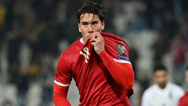 Serbia's forward Dusan Vlahovic celebrates after scoring during the FIFA World Cup 2022 Group A qualification football match between Serbia and Azerbaijan at the Rajko Mitic Stadium in Belgrade on October 12, 2021.