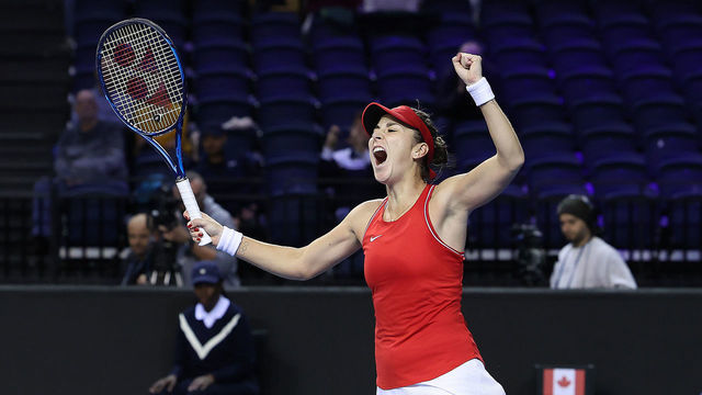 GLASGOW, SCOTLAND - NOVEMBER 11: Belinda Bencic of Switzerland celebrates match point against Leylah Fernandez of Canada during the Billie Jean King Cup at Emirates Arena on November 11, 2022 in Glasgow, Scotland.