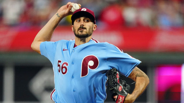 PHILADELPHIA, PA - NOVEMBER 03: Zach Eflin #56 of the Philadelphia Phillies pitches in the ninth inning during Game 5 of the 2022 World Series between the Houston Astros and the Philadelphia Phillies at Citizens Bank Park on Thursday, November 3, 2022 in Philadelphia, Pennsylvania.