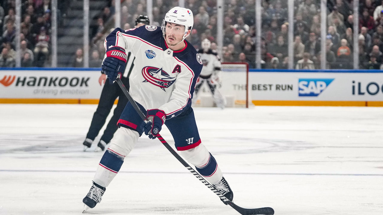 TAMPERE, FINLAND - NOVEMBER 04: Zach Werenski of Columbus in action during the 2022 NHL Global Series - Finland match between Columbus Blue Jackets and Colorado Avalanche at Nokia Arena on November 4, 2022 in Tampere, Finland.
