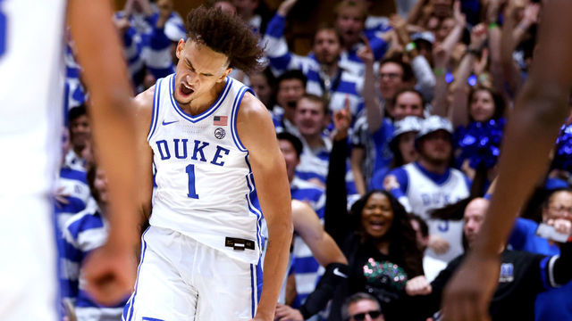 DURHAM, NC - NOVEMBER 11: Dereck Lively II #1 of the Duke Blue Devils reacts following a dunk against the USC Upstate Spartans during the first half at Cameron Indoor Stadium on November 11, 2022 in Durham, North Carolina.