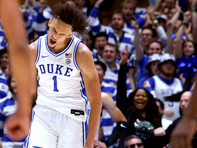 DURHAM, NC - NOVEMBER 11: Dereck Lively II #1 of the Duke Blue Devils reacts following a dunk against the USC Upstate Spartans during the first half at Cameron Indoor Stadium on November 11, 2022 in Durham, North Carolina.