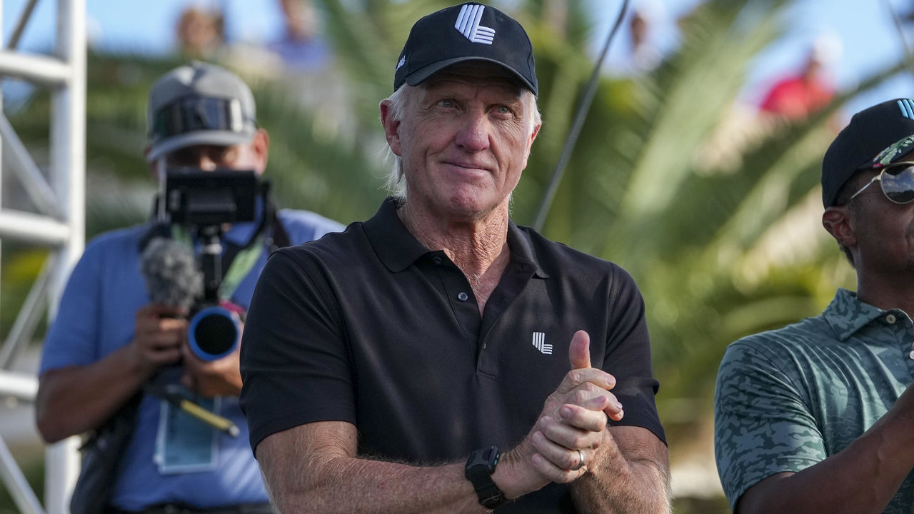 DORAL, FL - OCTOBER 30: Greg Norman, CEO and commissioner of LIV Golf, being introduced to the crowd during the team championship stroke-play round of the LIV Golf Invitational - Miami at Trump National Doral Miami on October 30, 2022 in Doral, Florida.
