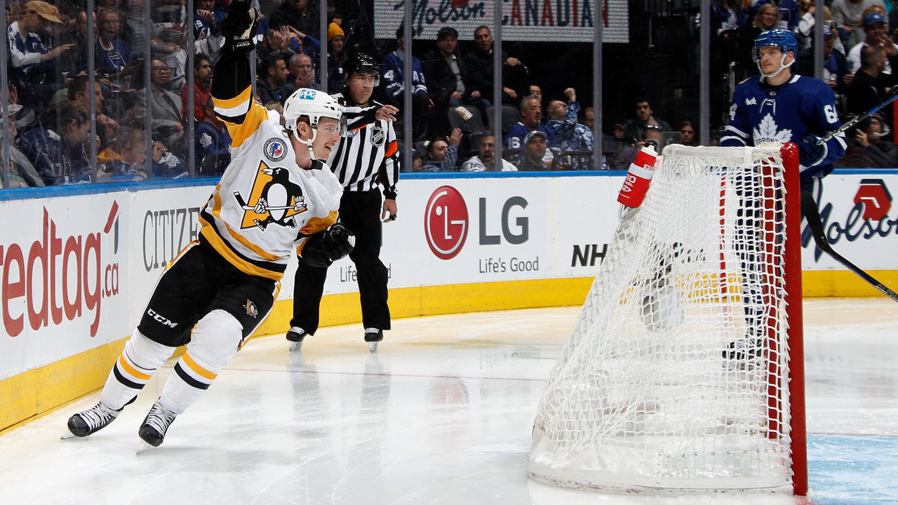 TORONTO, CANADA - NOVEMBER 11: Brock McGinn #23 of the Pittsburgh Penguins scores the game winning goal at 1:54 of the third period against the Toronto Maple Leafs at the Scotiabank Arena on November 11, 2022 in Toronto, Ontario, Canada. The Penguins defeated the Maple Leafs 4-3.