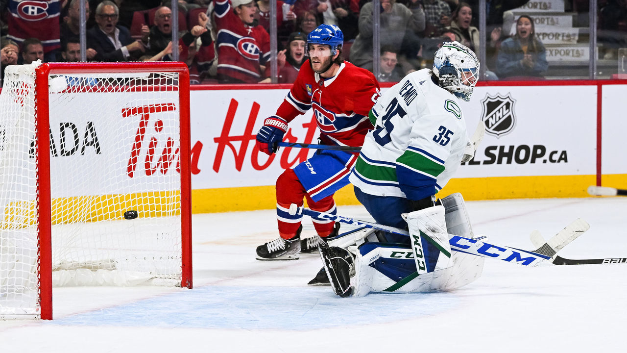 MONTREAL, QC - NOVEMBER 09: Montreal Canadiens left wing Mike Hoffman (68) scores a goal against Vancouver Canucks goalie Thatcher Demko (35) during the Vancouver Canucks versus the Montreal Canadiens game on November 09, 2022, at Bell Centre in Montreal, QC