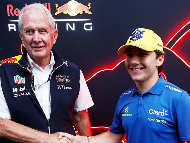 SAO PAULO, BRAZIL - NOVEMBER 12: Red Bull Racing Team Consultant Dr Helmut Marko and Enzo Fittipaldi pose for a photo prior to practice ahead of the F1 Grand Prix of Brazil at Autodromo Jose Carlos Pace on November 12, 2022 in Sao Paulo, Brazil.
