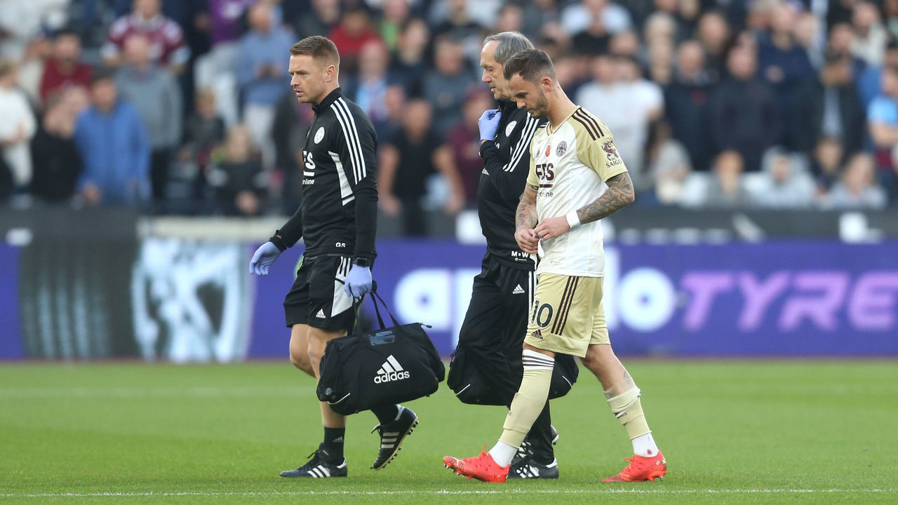LONDON, ENGLAND - NOVEMBER 12: Leicester City's James Maddison is forced to be substituted due to an injury during the Premier League match between West Ham United and Leicester City at London Stadium on November 12, 2022 in London, United Kingdom.