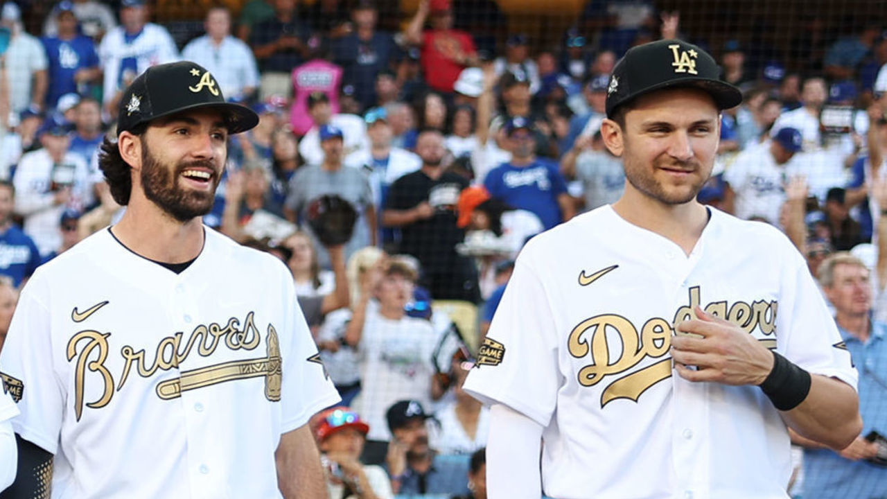 LOS ANGELES, CA - JULY 19: Members of the National League hold up placards during the Stand Up to Cancer moment during the 92nd MLB All-Star Game presented by Mastercard at Dodger Stadium on Tuesday, July 19, 2022 in Los Angeles, California.