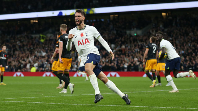 LONDON, ENGLAND - NOVEMBER 12: Rodrigo Bentancur of Tottenham Hotspurs goal celebration during the Premier League match between Tottenham Hotspur and Leeds United at Tottenham Hotspur Stadium on November 12, 2022 in London, United Kingdom.