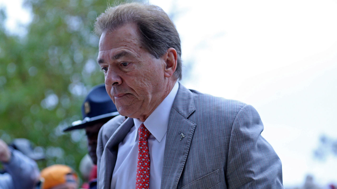 OXFORD, MISSISSIPPI - NOVEMBER 12: head coach Nick Saban of the Alabama Crimson Tide walks into the stadium before the game against the Mississippi Rebels at Vaught-Hemingway Stadium on November 12, 2022 in Oxford, Mississippi.