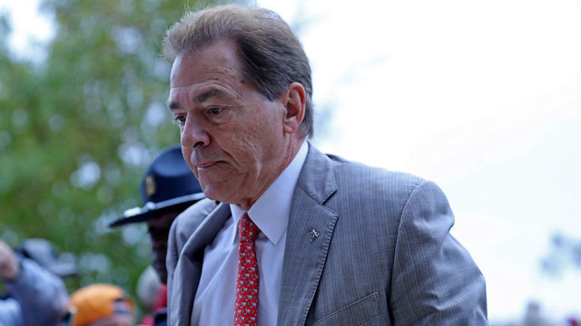 OXFORD, MISSISSIPPI - NOVEMBER 12: head coach Nick Saban of the Alabama Crimson Tide walks into the stadium before the game against the Mississippi Rebels at Vaught-Hemingway Stadium on November 12, 2022 in Oxford, Mississippi.