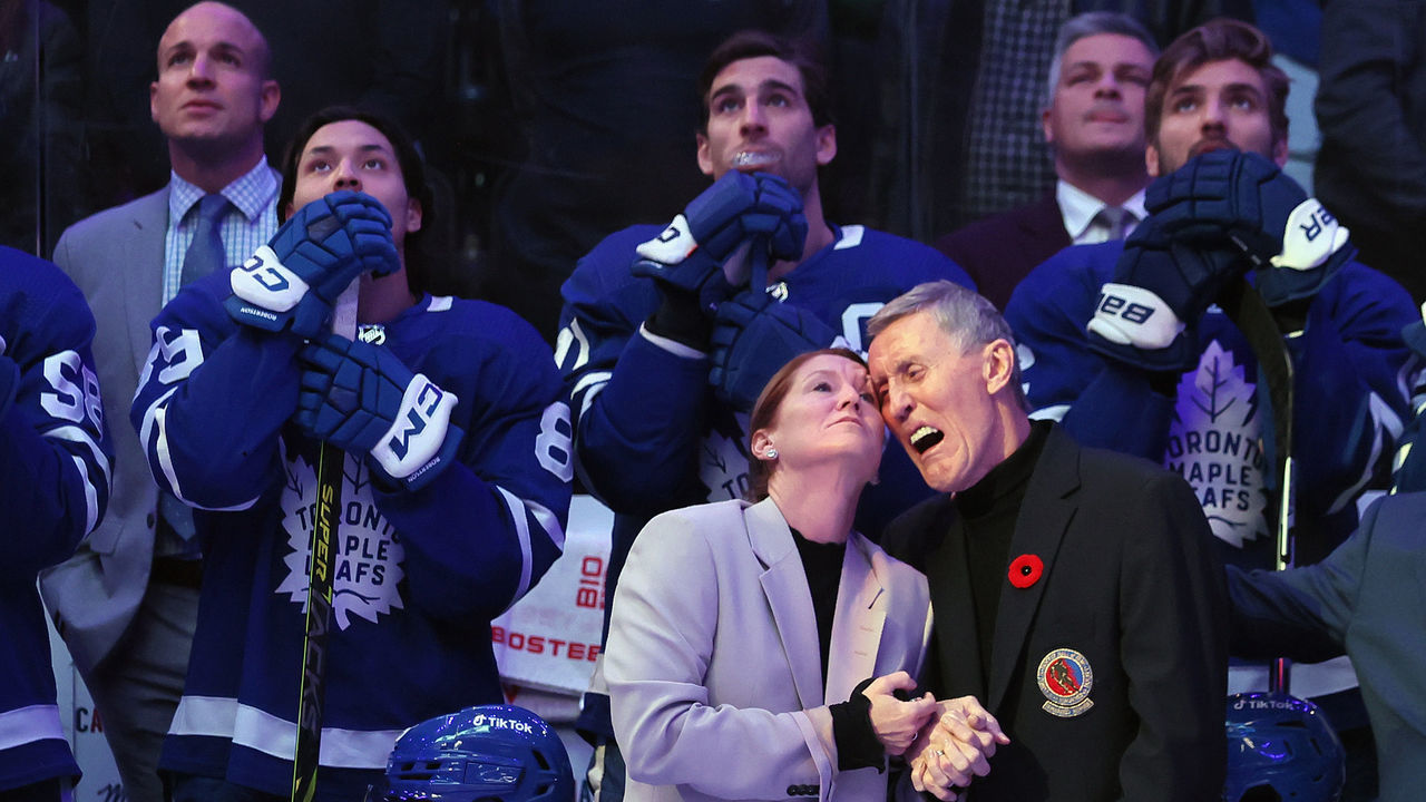 TORONTO, CANADA - NOVEMBER 12: Former Toronto Maple Leaf Borje Salming is honored during a pregame ceremony prior to the game between the Toronto Maple Leafs at the Scotiabank Arena on November 11, 2022 in Toronto, Ontario, Canada. Salming, joined with his wife Pia, was diagnosed with ALS earlier this year. at the Scotiabank Arena on November 12, 2022 in Toronto, Ontario, Canada.