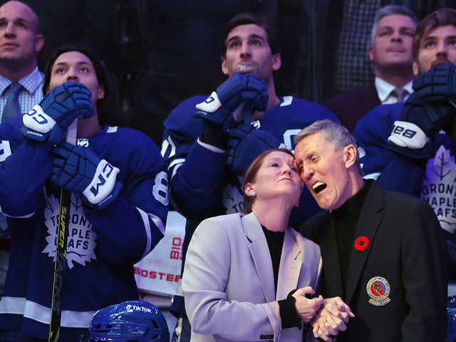 TORONTO, CANADA - NOVEMBER 12: Former Toronto Maple Leaf Borje Salming is honored during a pregame ceremony prior to the game between the Toronto Maple Leafs at the Scotiabank Arena on November 11, 2022 in Toronto, Ontario, Canada. Salming, joined with his wife Pia, was diagnosed with ALS earlier this year. at the Scotiabank Arena on November 12, 2022 in Toronto, Ontario, Canada.