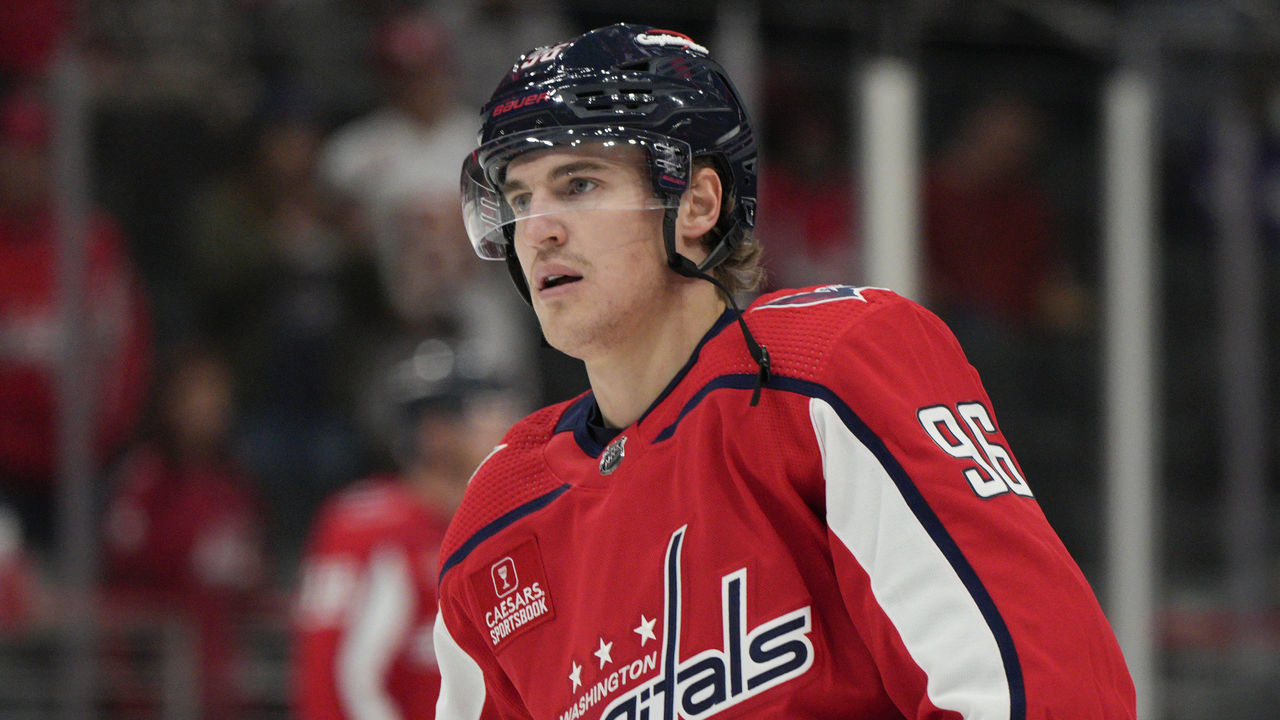 WASHINGTON, DC - NOVEMBER 07: Nicolas Aube-Kubel #96 of the Washington Capitals skates during warmups before a game against the Edmonton Oilers at Capital One Arena on November 07, 2022 in Washington, DC.