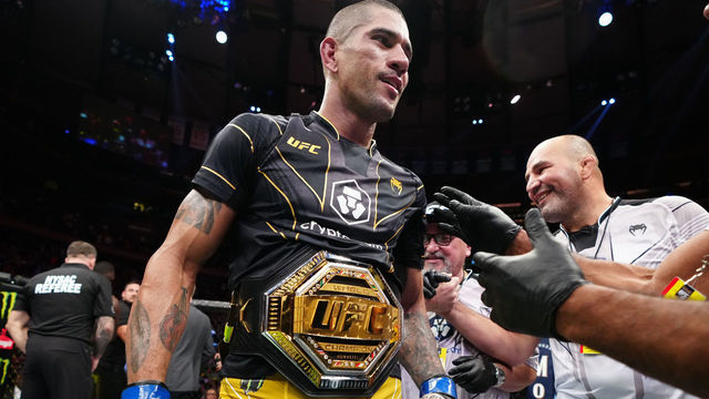 NEW YORK, NEW YORK - NOVEMBER 12: Alex Pereira of Brazil reacts after his TKO victory over Israel Adesanya of Nigeria in the UFC middleweight championship bout during the UFC 281 event at Madison Square Garden on November 12, 2022 in New York City.