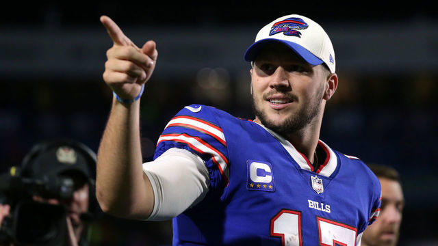 ORCHARD PARK, NEW YORK - SEPTEMBER 19: Josh Allen #17 of the Buffalo Bills celebrates after defeating the Tennessee Titans in the game at Highmark Stadium on September 19, 2022 in Orchard Park, New York.