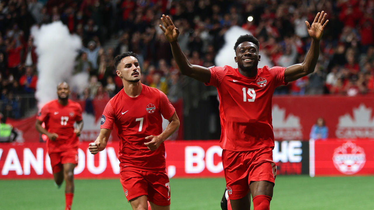 VANCOUVER, BC - JUNE 09: Alphonso Davies of Canada celebrates after scoring a goal to make it 1-0 during the Canada v Curacao CONCACAF Nations League Group C match at BC Place on June 9, 2022 in Vancouver, Canada.