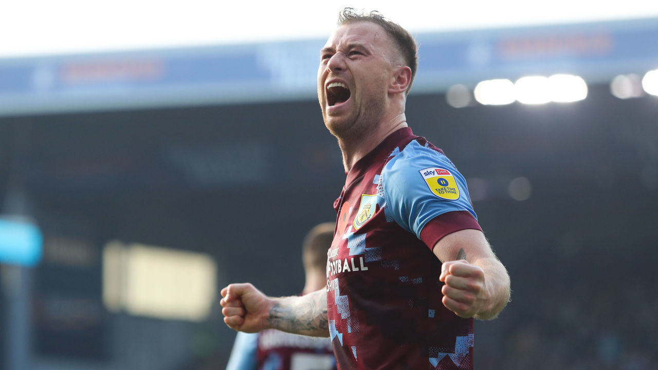 BURNLEY, ENGLAND - NOVEMBER 13: Ashley Barnes of Burnley celebrates after Anass Zaroury scores his side's second goal during the Sky Bet Championship between Burnley and Blackburn Rovers at Turf Moor on November 13, 2022 in Burnley, England.