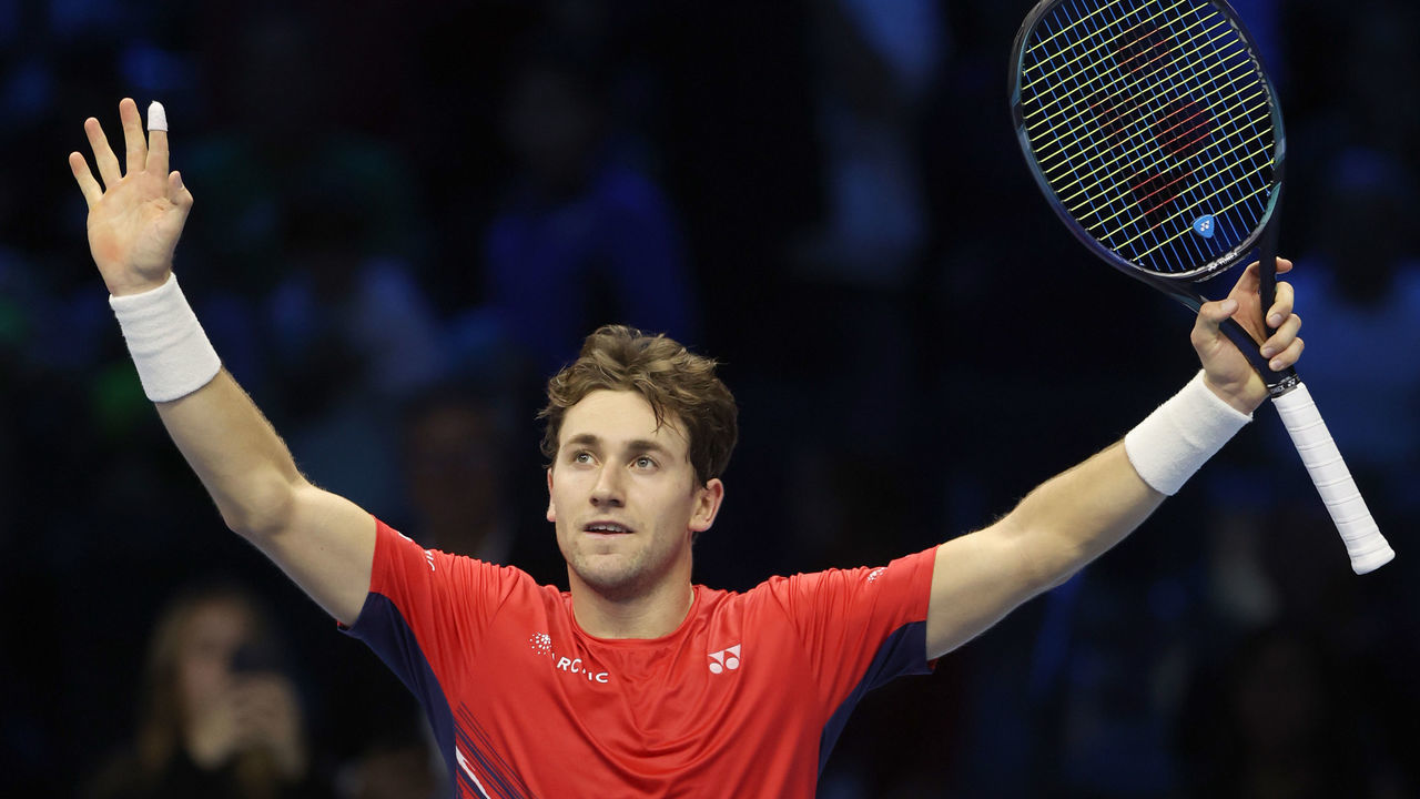 TURIN, ITALY - NOVEMBER 13: Casper Ruud of Norway celebrates his win over Felix Auger-Aliassime of Canada during round robin play on Day One of the Nitto ATP Finals at Pala Alpitour on November 13, 2022 in Turin, Italy.