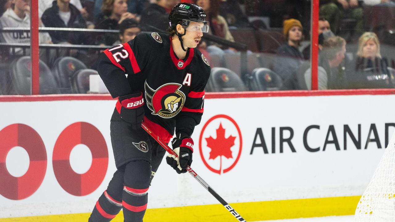 OTTAWA, ON - NOVEMBER 03: Ottawa Senators Defenceman Thomas Chabot (72) skates with the puck during first period National Hockey League action between the Vegas Golden Knights and Ottawa Senators on November 3, 2022, at Canadian Tire Centre in Ottawa, ON, Canada.